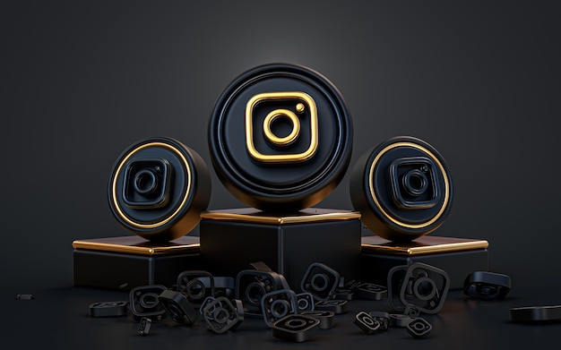 Foto instagram sign 3d rendering abstract look dark icon icon realista com palco de pódio