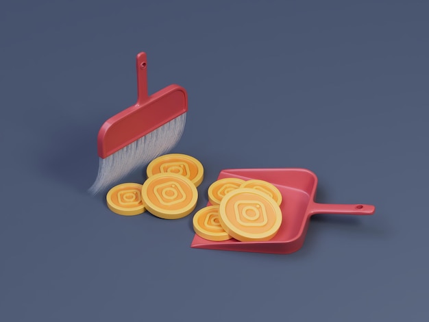 Instagram Social Media Clean Sweep Scoop Trash Dirt Broom Dust Pan Coin Ilustración 3D