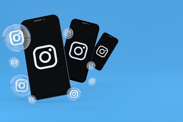 Foto instagram-symbol auf dem bildschirm smartphone oder handy und instagram-reaktionen lieben 3d-rendering auf blauem hintergrund