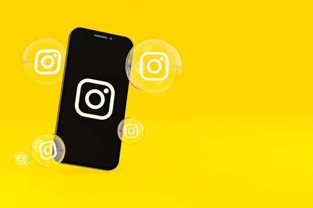 Instagram-Symbol auf dem Bildschirm Smartphone oder Handy und Instagram-Reaktionen lieben 3D-Rendering auf gelbem Hintergrund