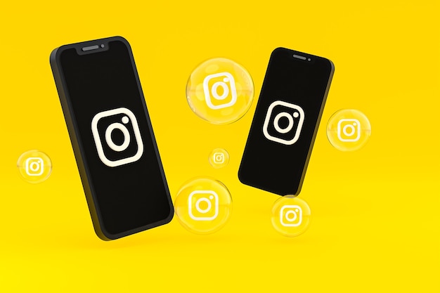 Instagram-Symbol auf dem Bildschirm Smartphone oder Handy und Instagram-Reaktionen lieben 3D-Rendering auf gelbem Hintergrund