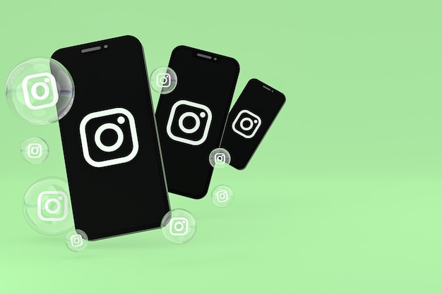 Instagram-Symbol auf dem Bildschirm Smartphone oder Handy und Instagram-Reaktionen lieben 3D-Rendering auf grünem Hintergrund