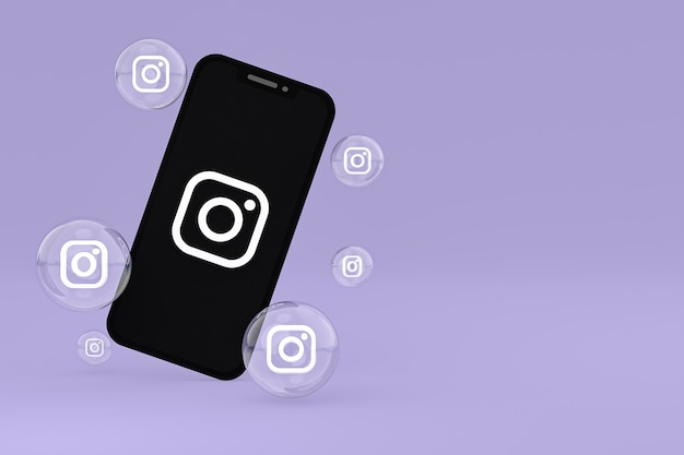 Instagram-Symbol auf dem Bildschirm Smartphone oder Handy und Instagram-Reaktionen lieben 3D-Rendering auf lila Hintergrund