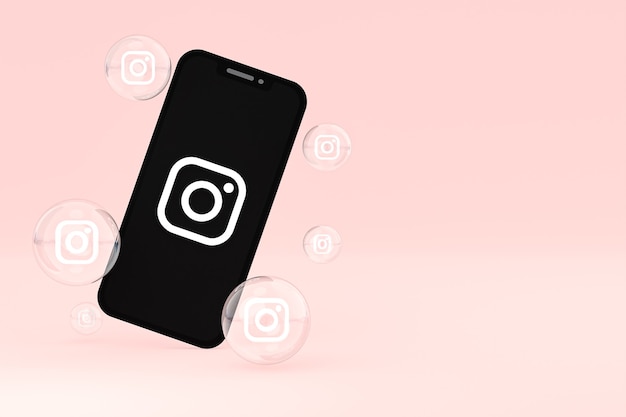 Instagram-Symbol auf dem Bildschirm Smartphone oder Handy und Instagram-Reaktionen lieben 3D-Rendering auf rosa Hintergrund