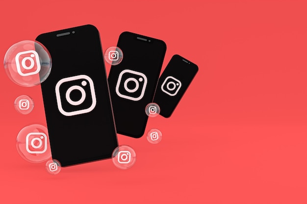 Instagram-Symbol auf dem Bildschirm Smartphone oder Handy und Instagram-Reaktionen lieben 3D-Rendering auf rotem Hintergrund