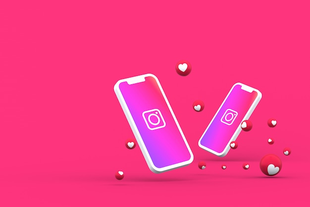 Instagram-symbol auf dem bildschirm smartphone oder handy und instagram-reaktionen lieben 3d-rendering