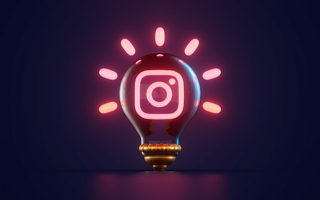 instagram-symbol, das in der glühbirne auf dunklem hintergrund 3d-renderkonzept leuchtet