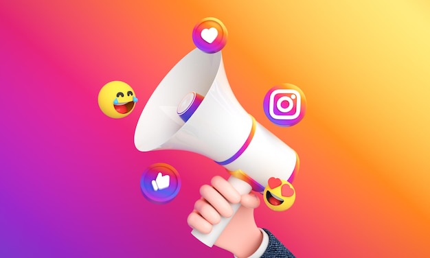 Instagram-Symbole und -Logos mit 3D-Megaphon für digitale und soziale Medien-Marketing-Hintergrund