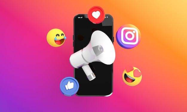 Instagram-Symbole und -Logos mit 3D-Megaphon für digitale und soziale Medien-Marketing-Hintergrund