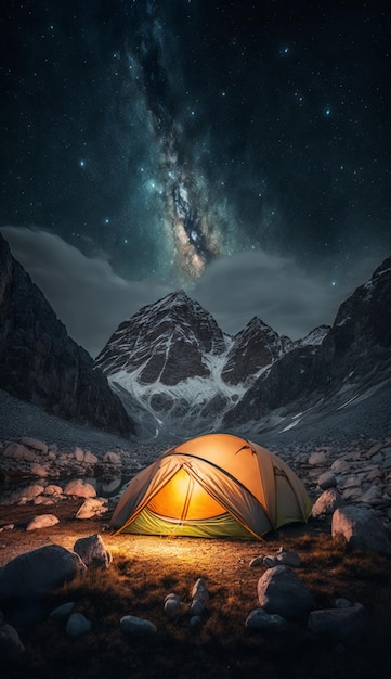 Se instala una carpa frente a un cielo nocturno estrellado.