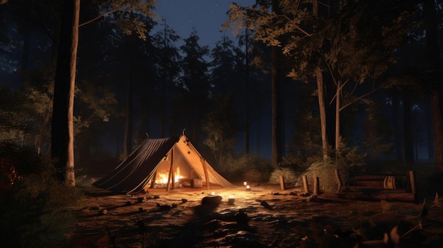 Se instala una carpa luminosa en el bosque por la noche con un anillo de hierro.