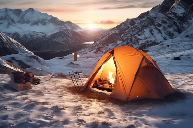 Se instala una carpa en la nieve con una montaña al fondo.