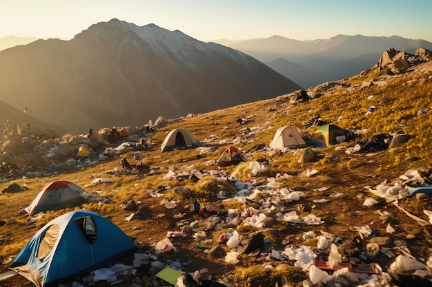 Se instala una carpa en un paisaje montañoso con montañas al fondo.