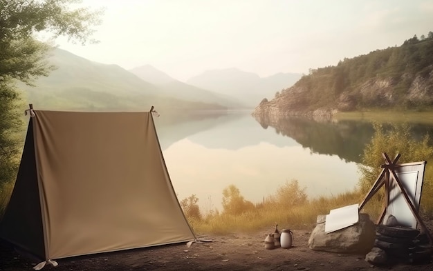 Se instala una carpa en una playa cerca de un lago.