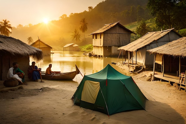 Se instala una carpa en una playa en la jungla.