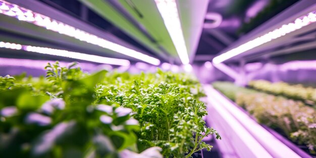 instalação agrícola vertical com fileiras de plantas verdes exuberantes que crescem em camadas empilhadas sob luzes LED