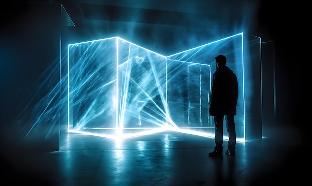 Instalação cibernética futurista com projeção holográfica de silhueta em posição de lótus em fundo de energia positiva