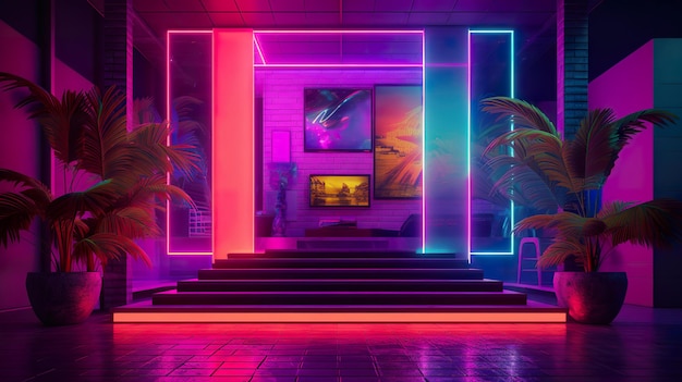 Instalação de arte moderna contemporânea Synthwave 80s ai generate