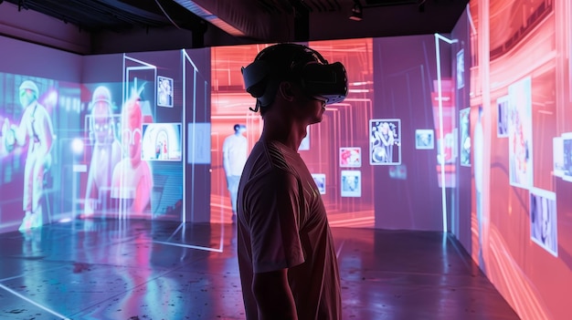 Instalação de arte Phygital onde realidades físicas e digitais se fundem explorando a percepção humana através de IA e AR