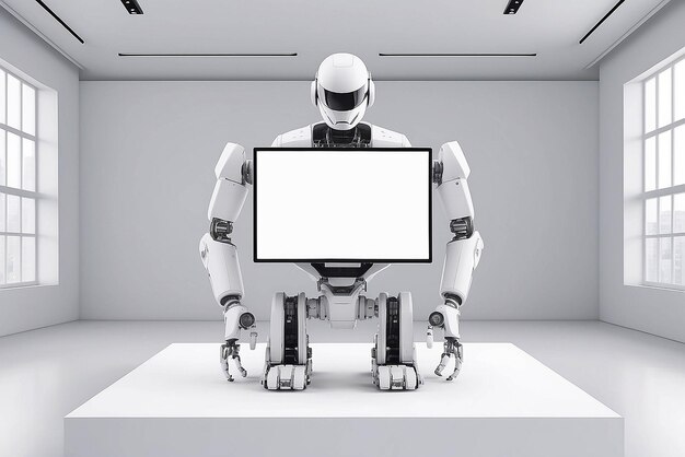 Instalação de arte robótica em uma maquete de conferência de tecnologia com espaço branco vazio para colocar seu projeto