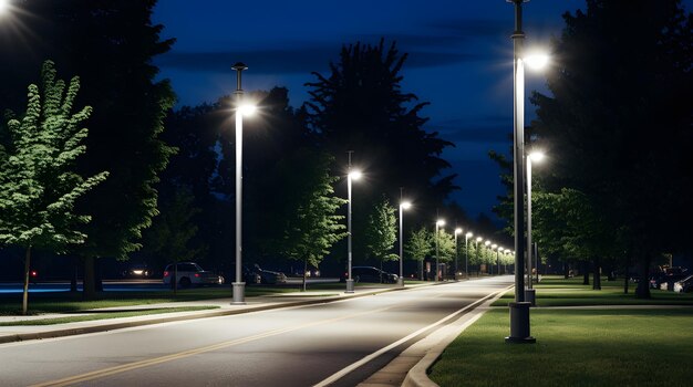 Foto instalação de farolas led ao longo de uma avenida recém-construída