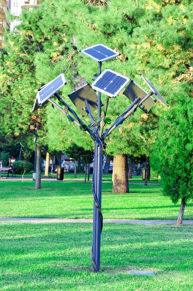 Foto instalação de painéis solares no parque urbano tecnologias de economia de energia no ambiente urbano