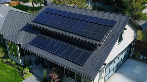 Instalação de painéis solares pretos no telhado de uma casa moderna que abraça o poder do sistema de energia solar