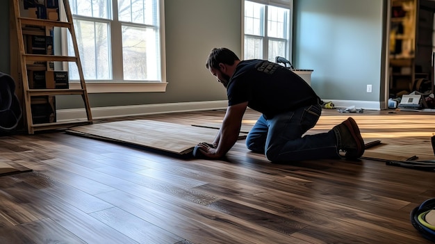 Instalação de piso laminado atualização de sala de trabalho qualificada melhoria trabalho meticuloso Gerado por IA