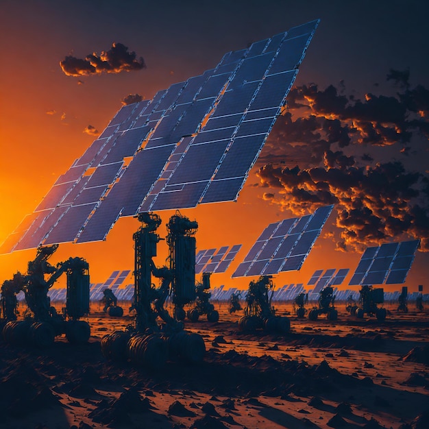 Instalação de planta solar fotovoltaica ao pôr-do-sol Campo Casa de energia solar Fábrica