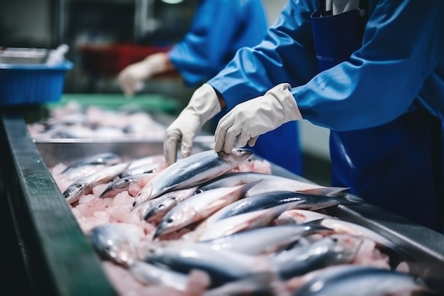 Instalação de processamento de peixe Pessoas classificam o peixe que se move ao longo do transportador Classificação e preparação do peixe