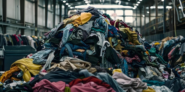Instalação de reciclagem exibe pilha de tecidos têxteis demonstrando a reutilização de roupas para combater o conceito de poluição da moda rápida.
