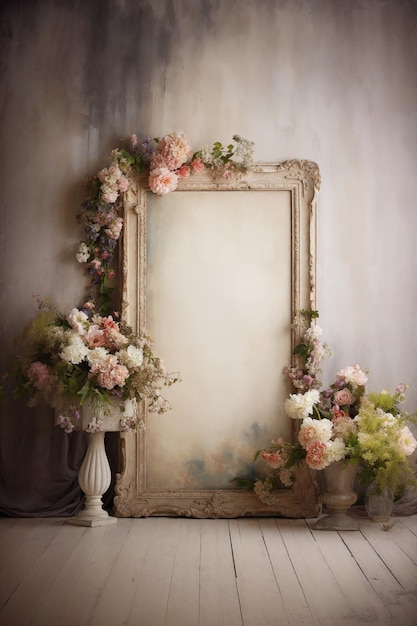 Instalação floral artística com moldura vintage