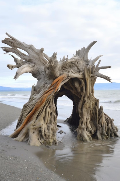 Instalación de arte de madera flotante en la playa con olas rompiendo creada con inteligencia artificial generativa