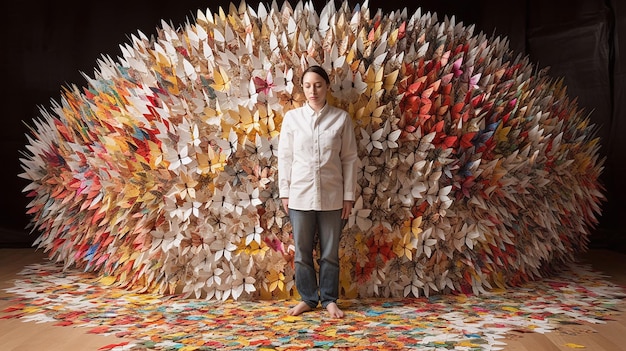 Instalación de arte en papel con una pila gigante de lápices y una mujer de origami Impresionante obra de arte de cuerpo completo a la venta