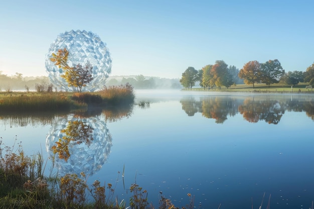 Foto instalación de arte reciclado en el lago serene morning