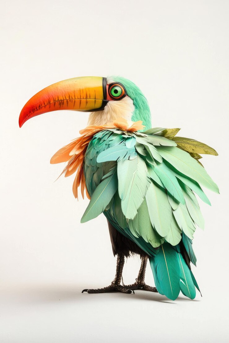 Foto instalación artística de tucan de papel colorido con detalles de plumas brillantes