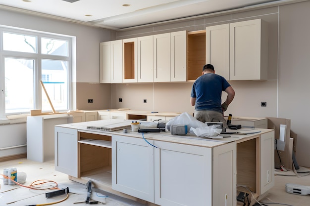 Foto instalación de cocina trabajador que ensambla muebles