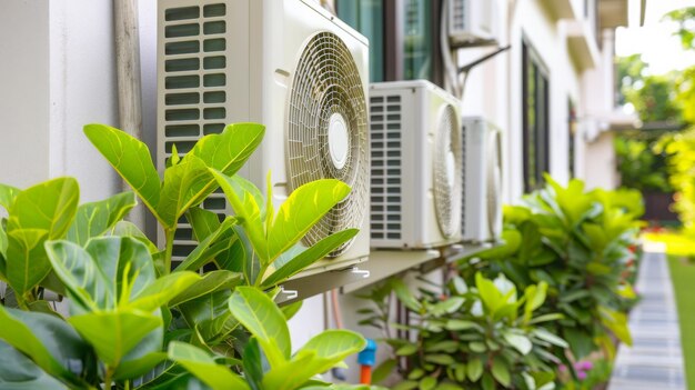 Instalación del compresor de la unidad de aire acondicionado al aire libre fuera del edificio