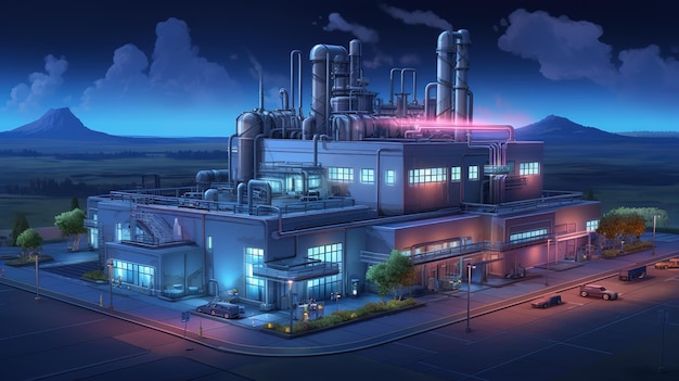 Una instalación de fábrica de plantas masiva o un centro logístico al anochecer o al crepúsculo