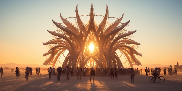 Una instalación futurista en el festival Burning Man es una combinación de colores claros y formas que crean una sinfonía visual cautivadora. AI Generative AI