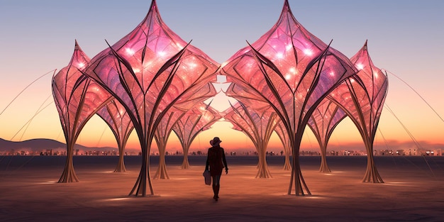 Una instalación futurista en el festival Burning Man es una combinación de colores claros y formas que crean una sinfonía visual cautivadora. AI Generative AI