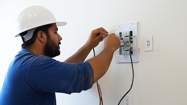 Instalación hábil cableado intrincado fijación de pared blanca actualización eléctrica trabajadores expertos configuración moderna mejora del hogar configuración de fijación eléctrica generada por IA