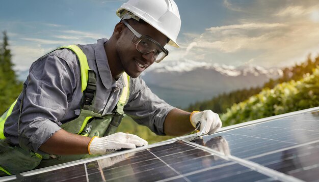 Instalación por un hombre profesional de un sistema de paneles solares