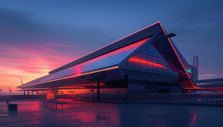 Una instalación moderna alimentada por energía solar con luces de neón al anochecer que ilustra la energía renovable avanzada