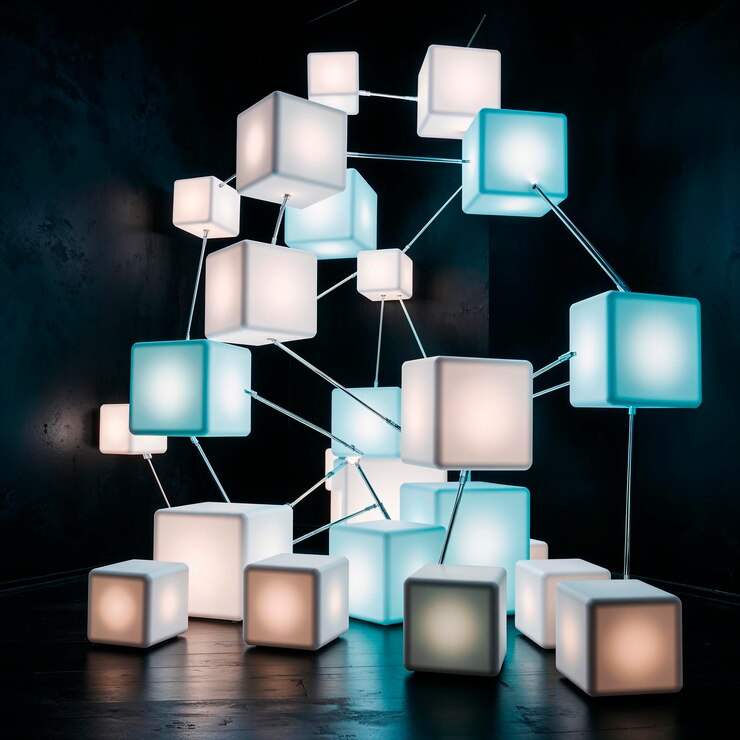 Foto instalación moderna de cubos abstractos con un brillo suave