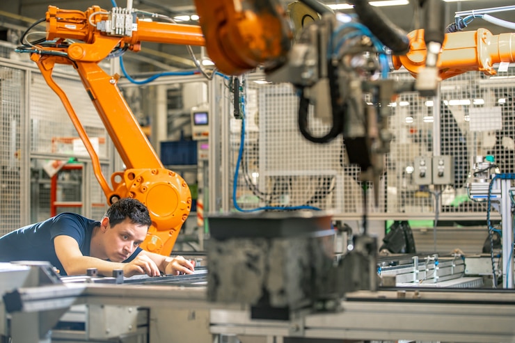 Foto instalación de nuevos brazos de robot en la fábrica para la modernización de la producción.