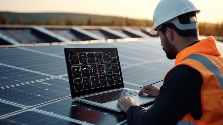 Instalación de paneles solares para energía sostenible El ingeniero eléctrico sostiene una computadora portátil con panel solar y verifica el rendimiento