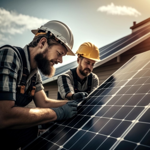 Instalación de paneles solares Trabajadores jóvenes con cascos amarillos y grises en la azotea