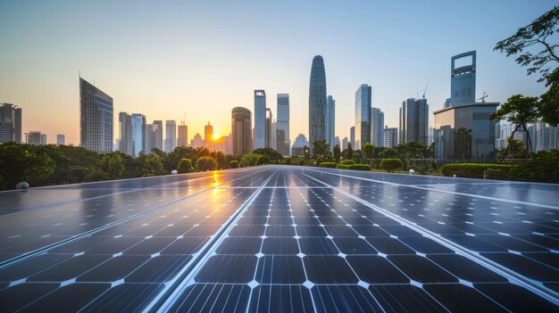 Instalación de paneles solares urbanos al amanecer con el horizonte en el fondo