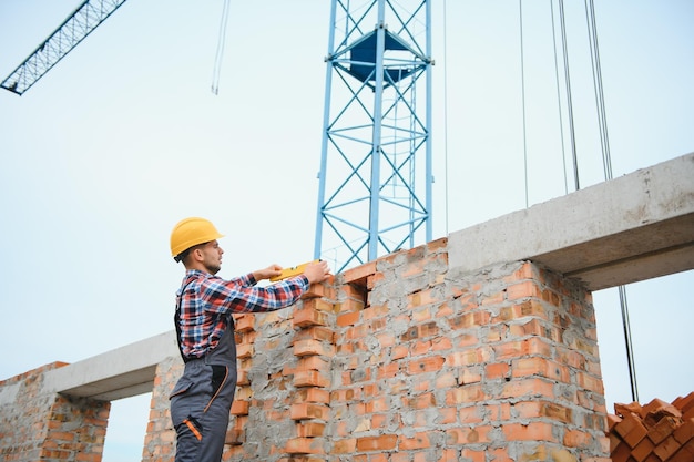 Instalación de pared de ladrillo Trabajador de la construcción en uniforme y equipo de seguridad tiene trabajo en la construcción